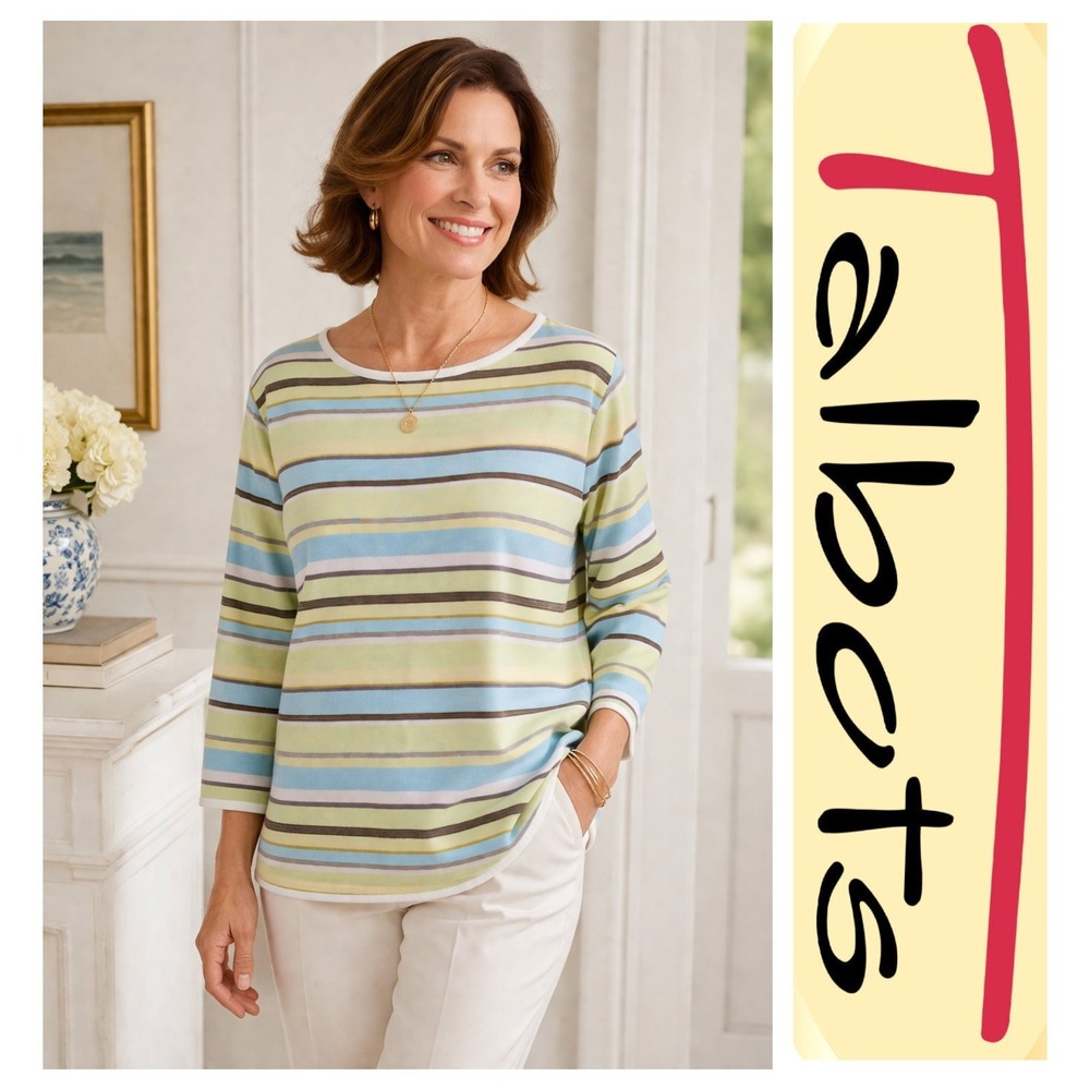 Talbots Vtg Green Blue Brown Striped 3/4 Sleeve Sweater Tunic Top Plus Size 2X